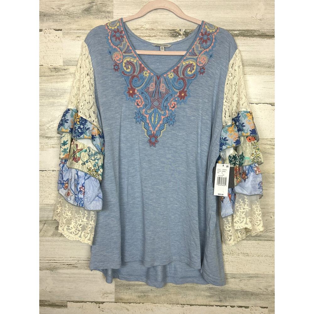 John Mark Light Blue Embroidered Boho Blouse with Cream Lace Sleeves